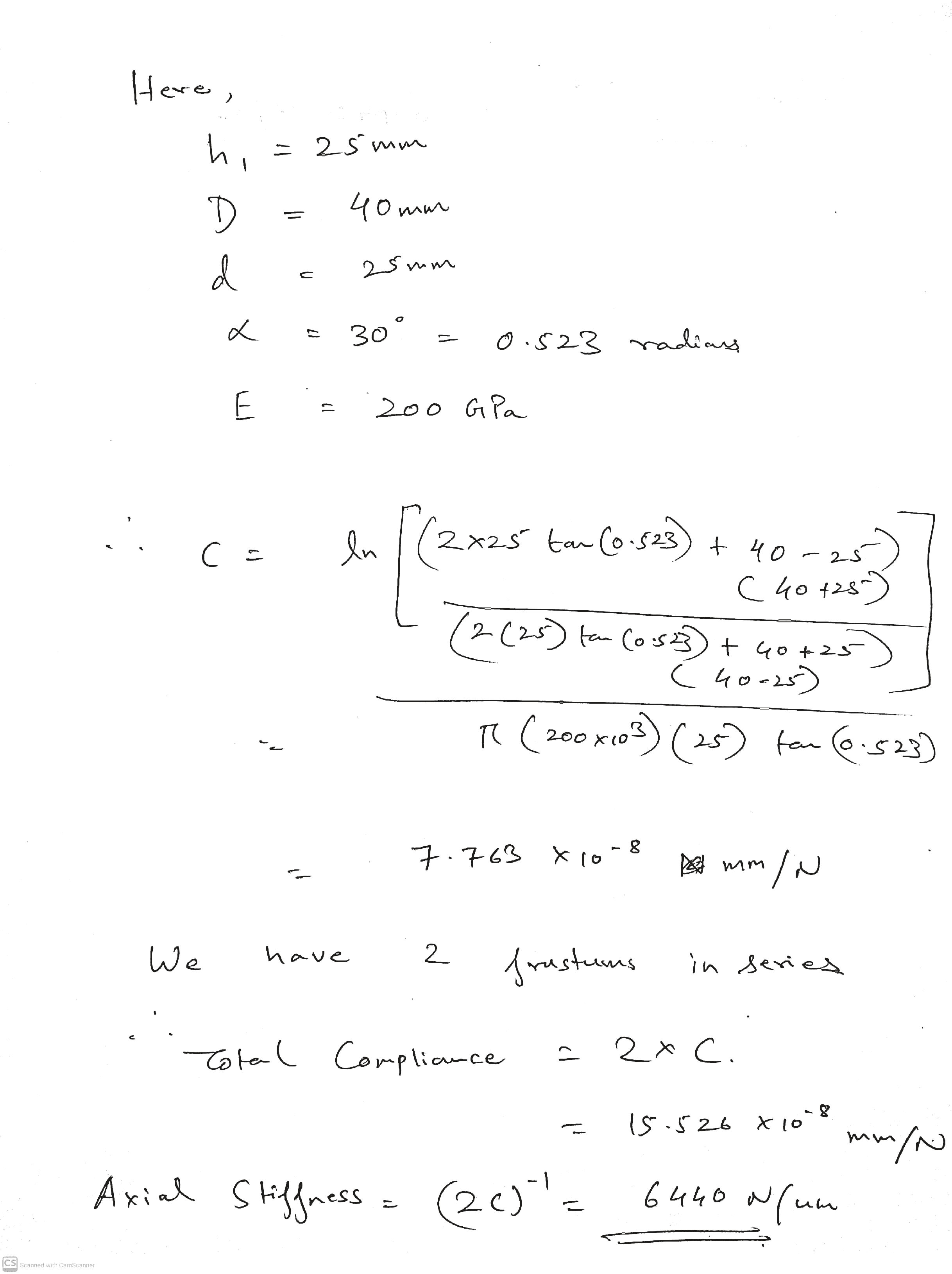 Hand calculation substituting values into the frustum compliance equation and calculating axial stiffness