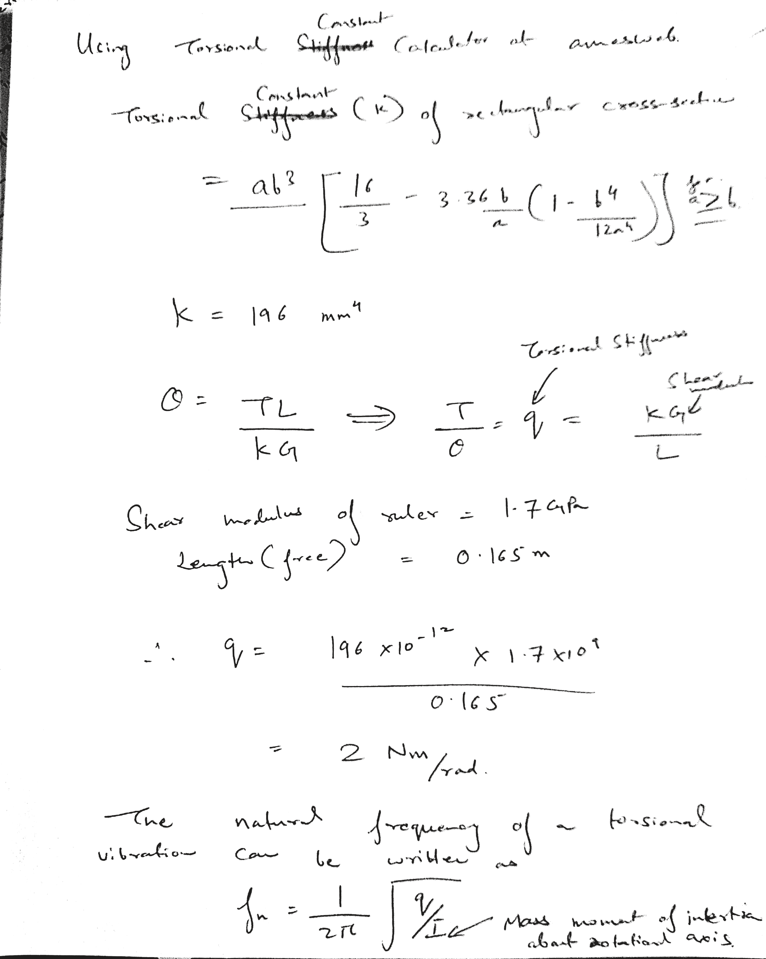 Hand calculation setup for torsional stiffness of the cantilever beam