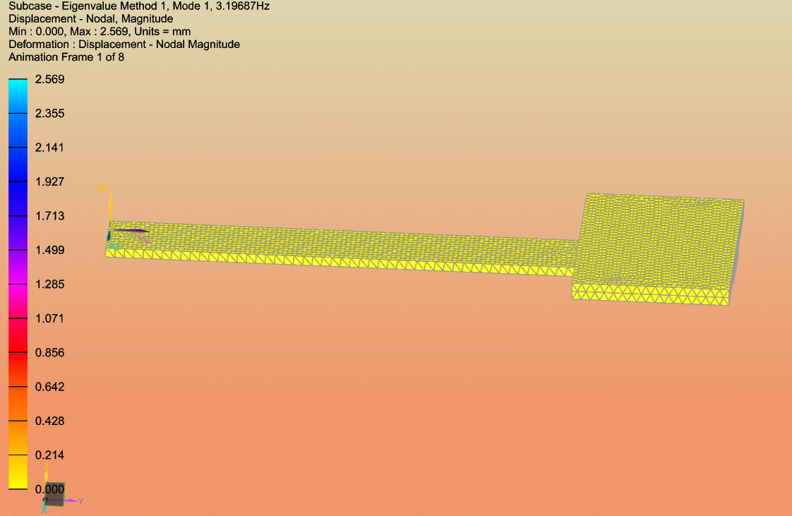 FEA animation of the first mode shape of the cantilever beam system
